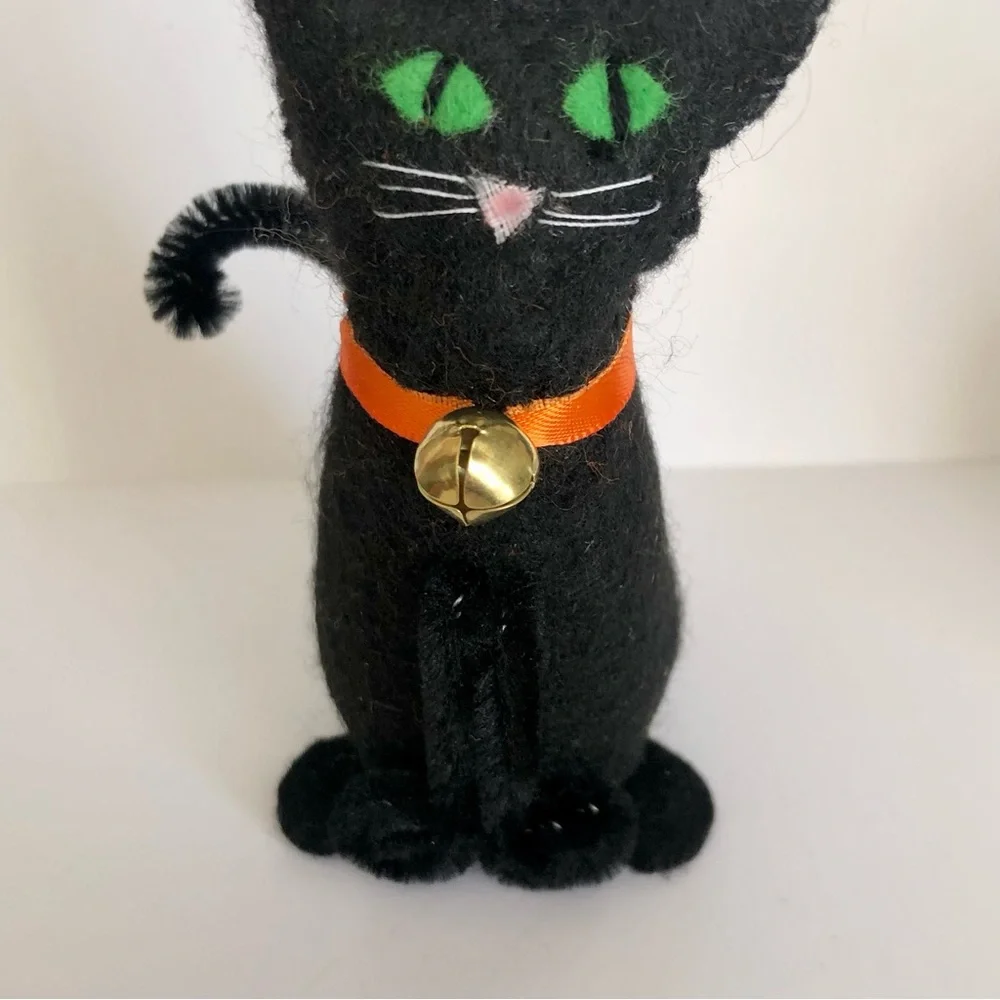 Black Cat Felt art doll hand-sewn handmade Orange ribbon bell